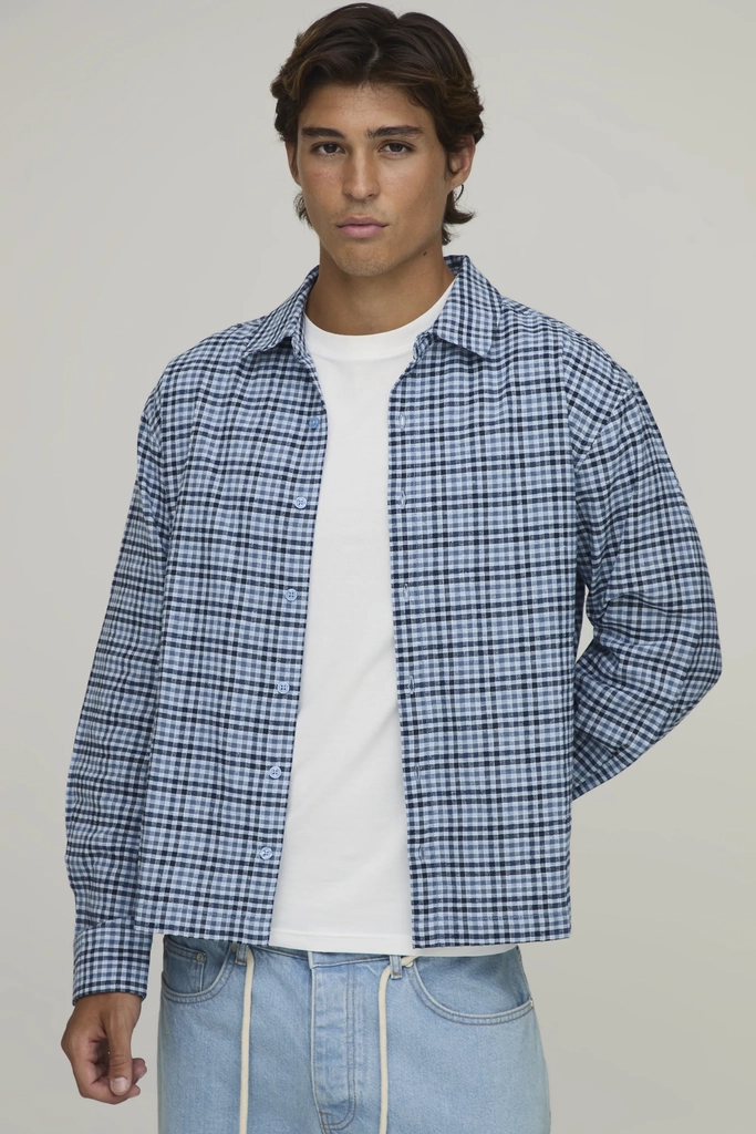 boohooMAN Oversized Boxy Micro Check Shirt - Blue