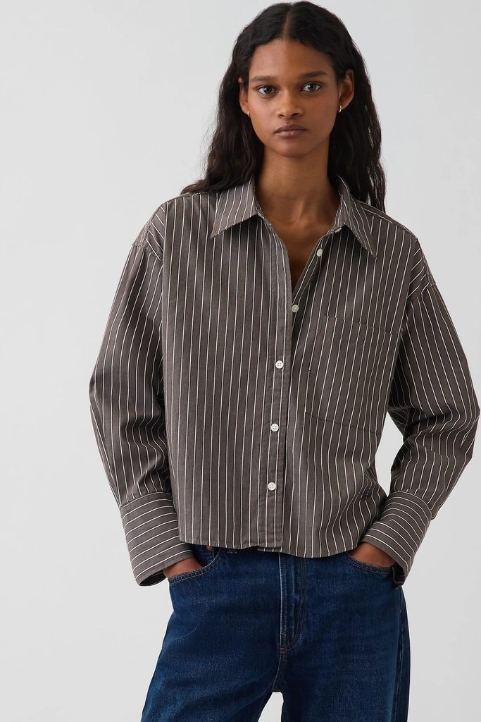 GAP Organic Cotton Poplin Oversized Crop Shirt - BROWN STRIPE - XL