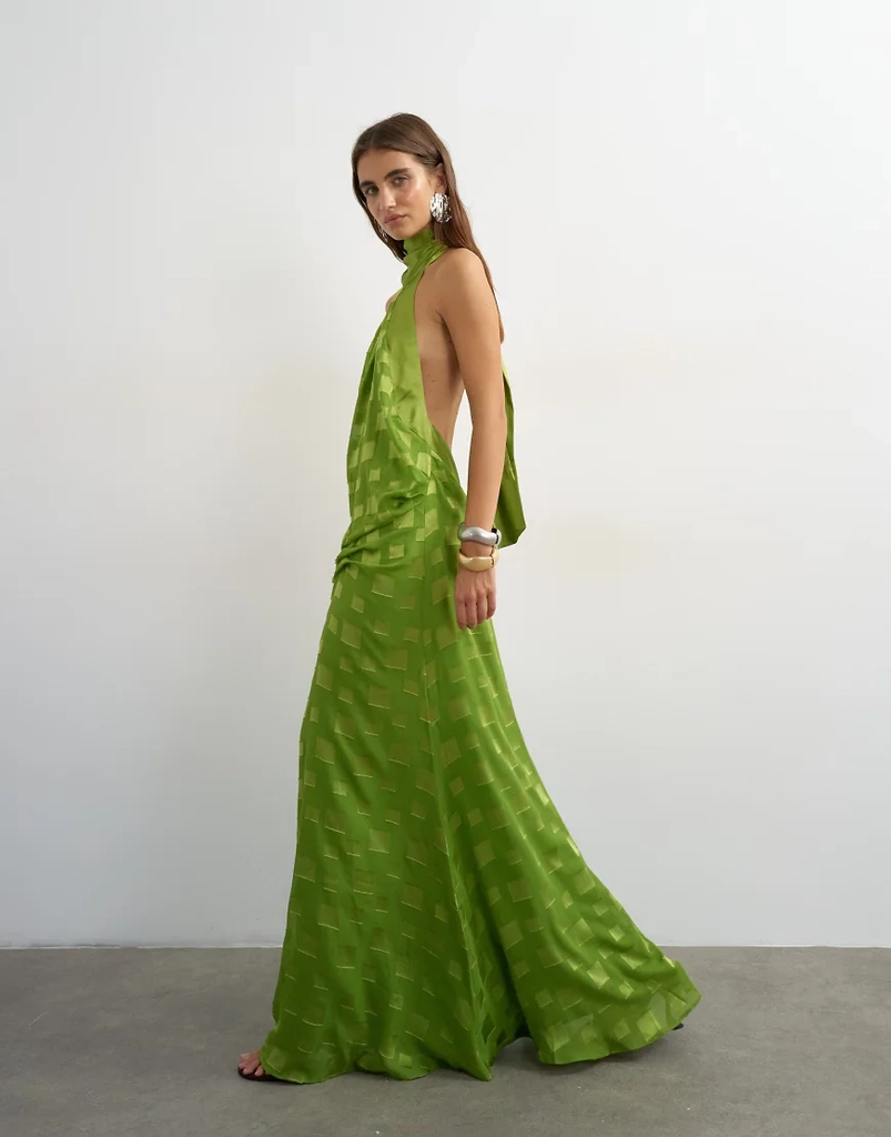 Topshop Halter Neck Tucked Side Maxi Dress Burnout Square Print Detail - Green