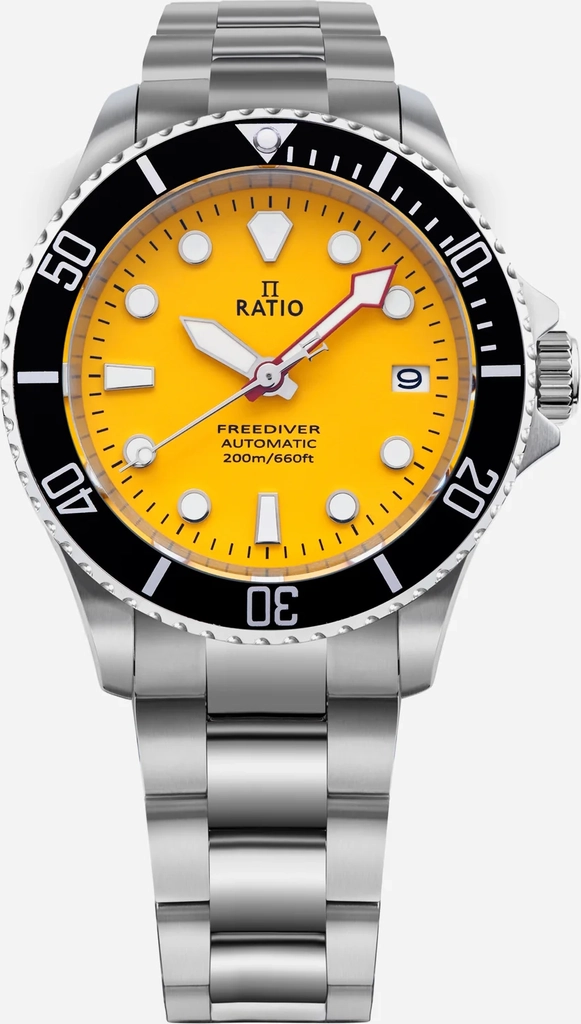 ratio freediver sapphire stainless steel yellow dial automatic rtf044 200m men's watch