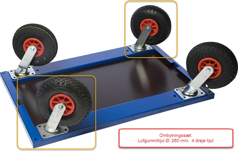 Luftgummihjul Ø 260 mm. 4 drejebar hjul