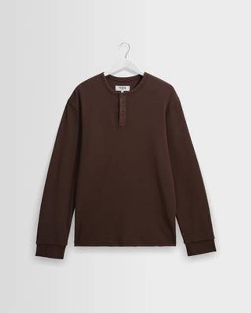 Wax London Waffle Cotton Henley Long-Sleeve T-Shirt - Brown