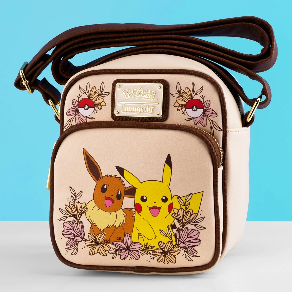 loungefly x pokemon pikachu & eevee floral pokeball crossbody