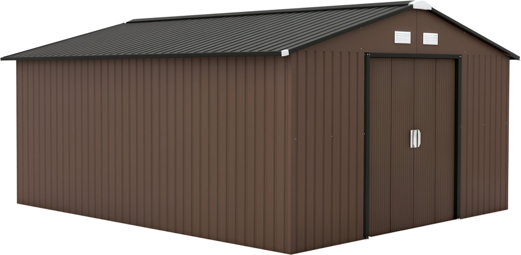 outsunny toolhouse 12.4 m², havehus med sadeltag, skydedør, fundament, 386 x 340 x 200 cm, værktøjsskur lavet af galvaniseret stål, vejrbestandig, til haven, brun