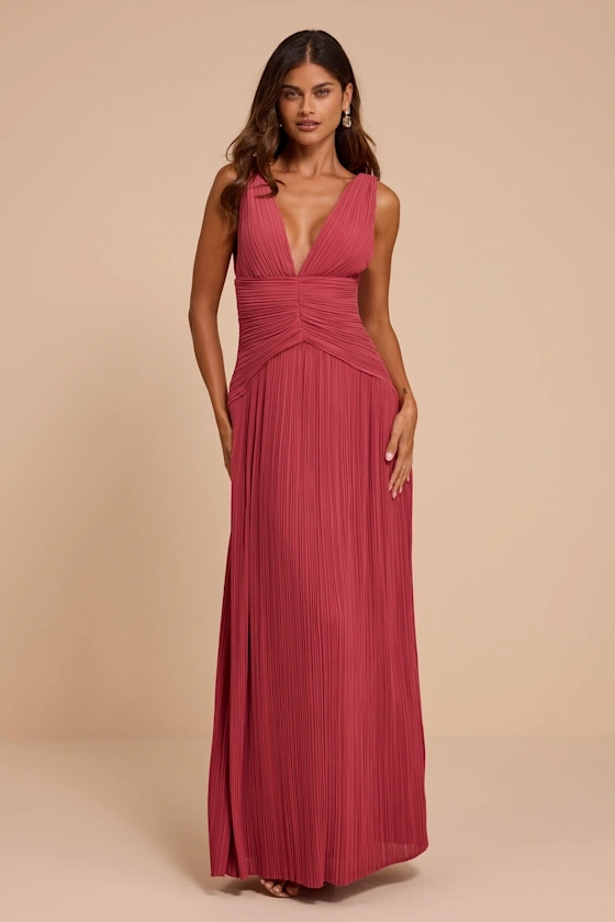 Lulus Rusty Rose Pleated Drop Waist Maxi Dress