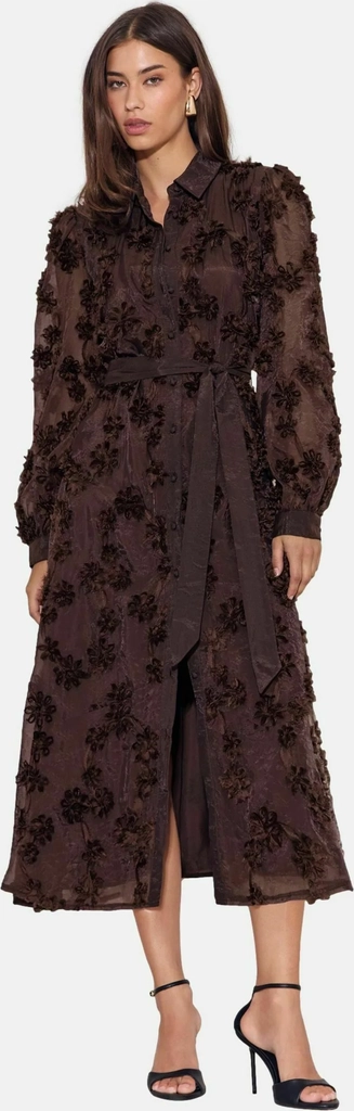 lipsylong sleeve floral 3d texture fit and flare shirt dress - skjortekjole - chocolate brown