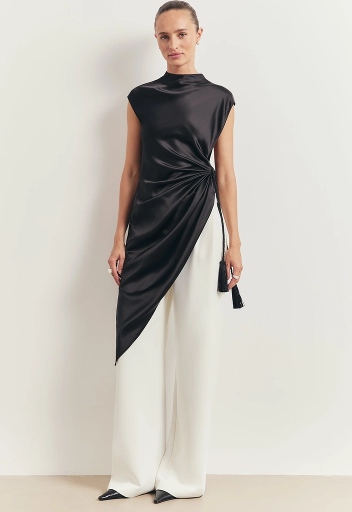 Satin Gathered Asymmetric Blouse with Tassel - Black