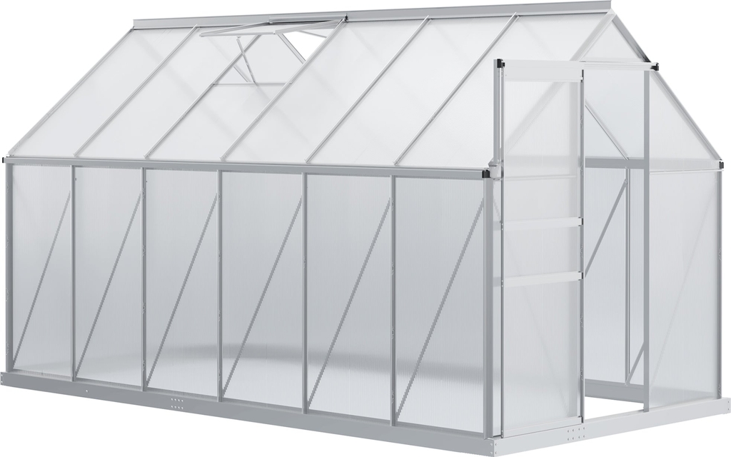 outsunny have-drivhus med polycarbonat 7,1 m² dim. 1,9l x 3,75b x 1,99h med fundament, justerbart vindu, skydedør - sølv og transparent