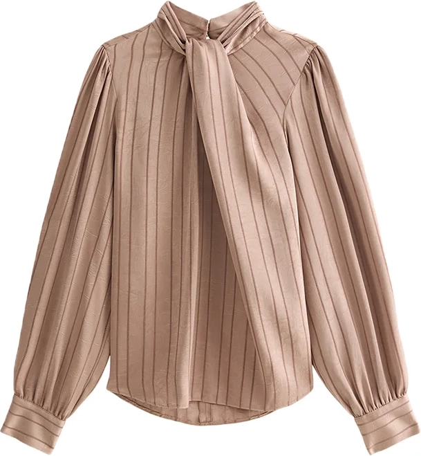 camel satin twist neck striped blouse - bluse - camel