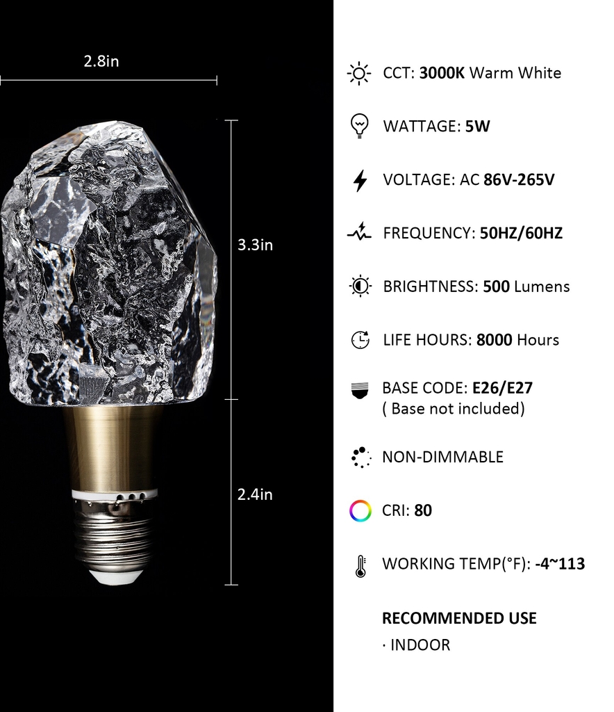 iceberg-shaped led light bulb 3000k warm white, e26/27 medium screw base bulbs（base not included） - 2.8"*5.7"