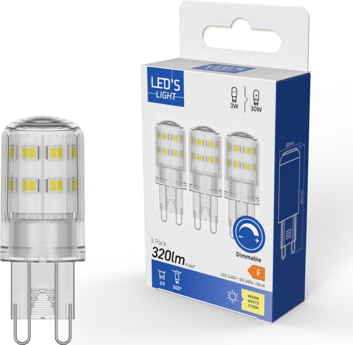 capsule g9 led pære på 3w i 2700k, 230v, dæmpbar - 3-pak