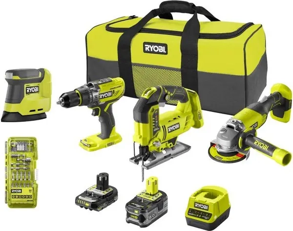 RYOBI Pack 4 verktyg ONE+ 18V slagborr + vinkelslip + sticksåg + slipmaskin + batteri 5Ah & 2Ah + väska R18CK4F-252S