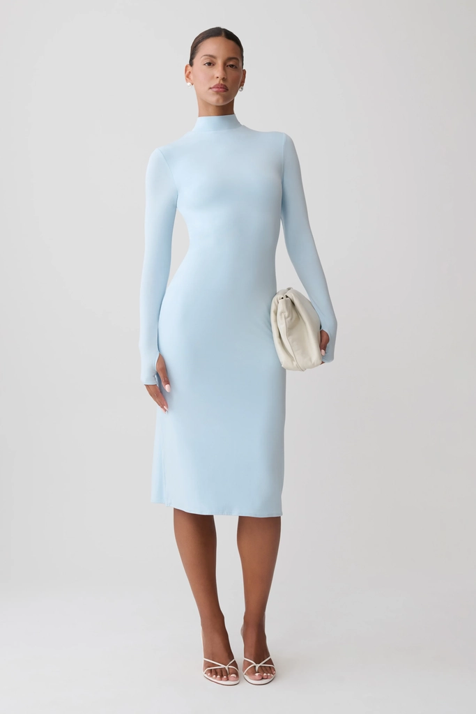 noelle longsleeve roll neck midi dress - pale blue