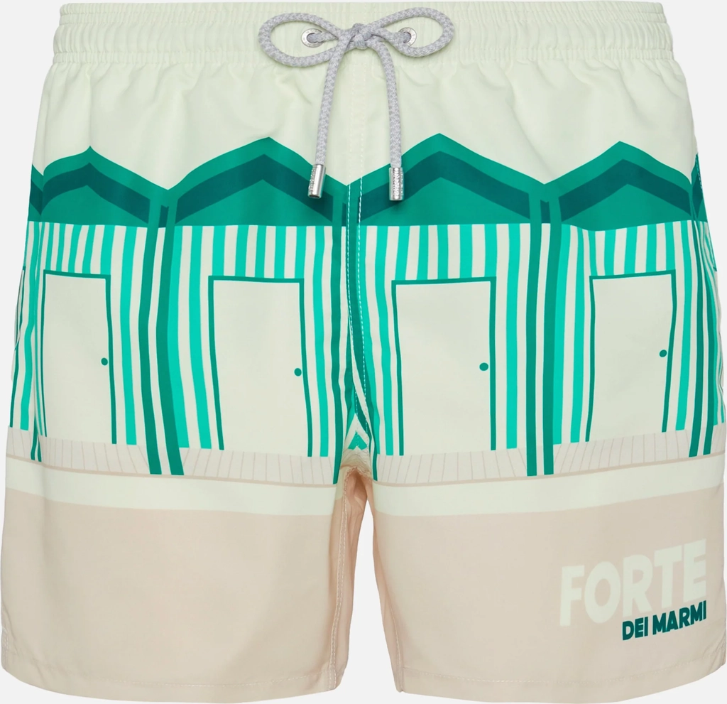 mid-length gustavia swim-shorts with forte dei marmi postcard placed print