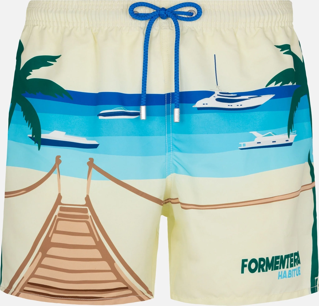 mid-length gustavia swim-shorts with formentera postcard placed print
