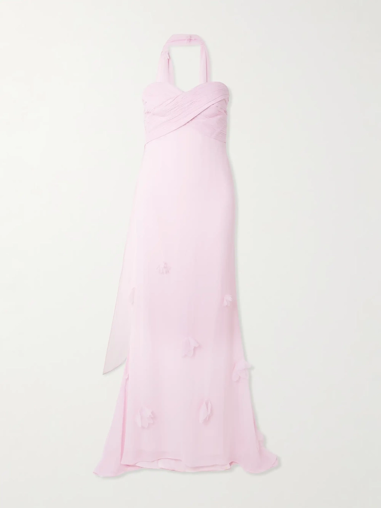 scarf-detailed strapless appliquéd georgette gown