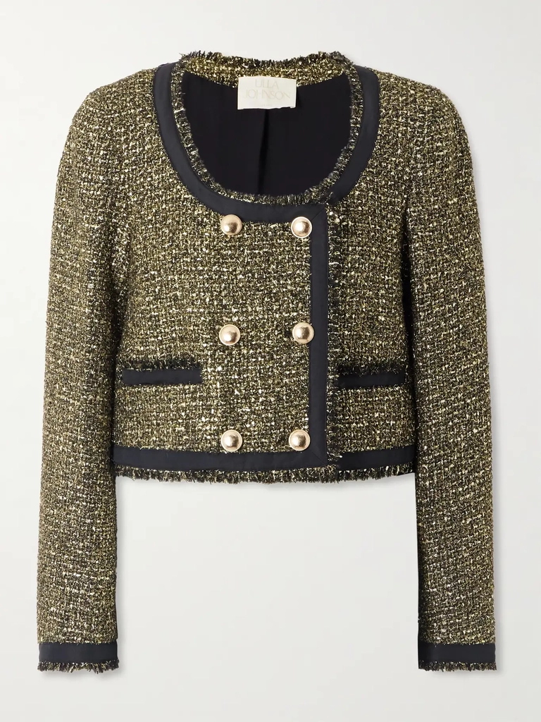 anisa double-breasted grosgrain-trimmed metallic tweed jacket