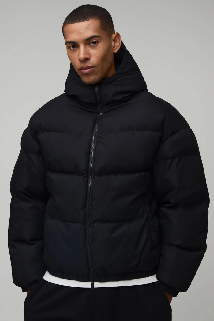 boohooMAN Essential Regular Fit Midweight Padded Hooded Puffer Jacket - Black