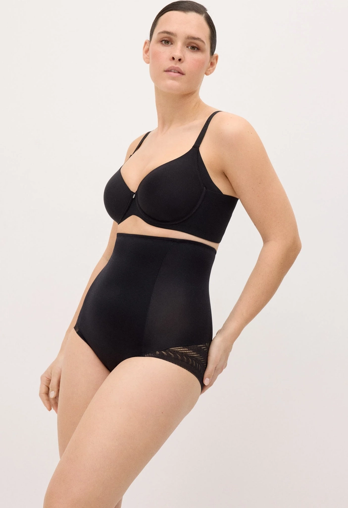 high-waisted shaping briefs with lace, medium compression, black