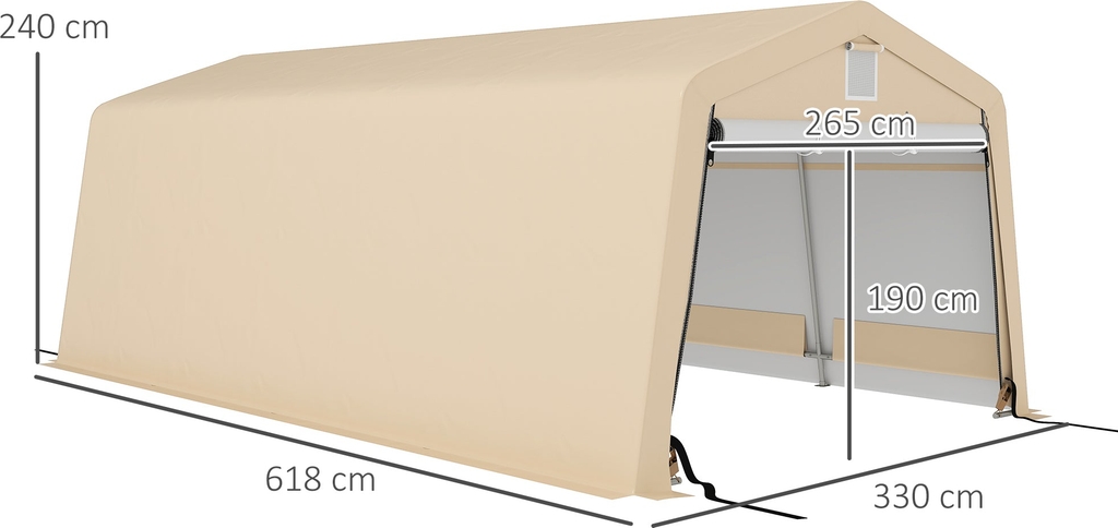 carport garage tent dim. 6.2l x 3.3w x 2.4h m sturdy galvanized steel high density 150 g/m? pe waterproof anti-uv, 1 khaki door and 2 ventilations