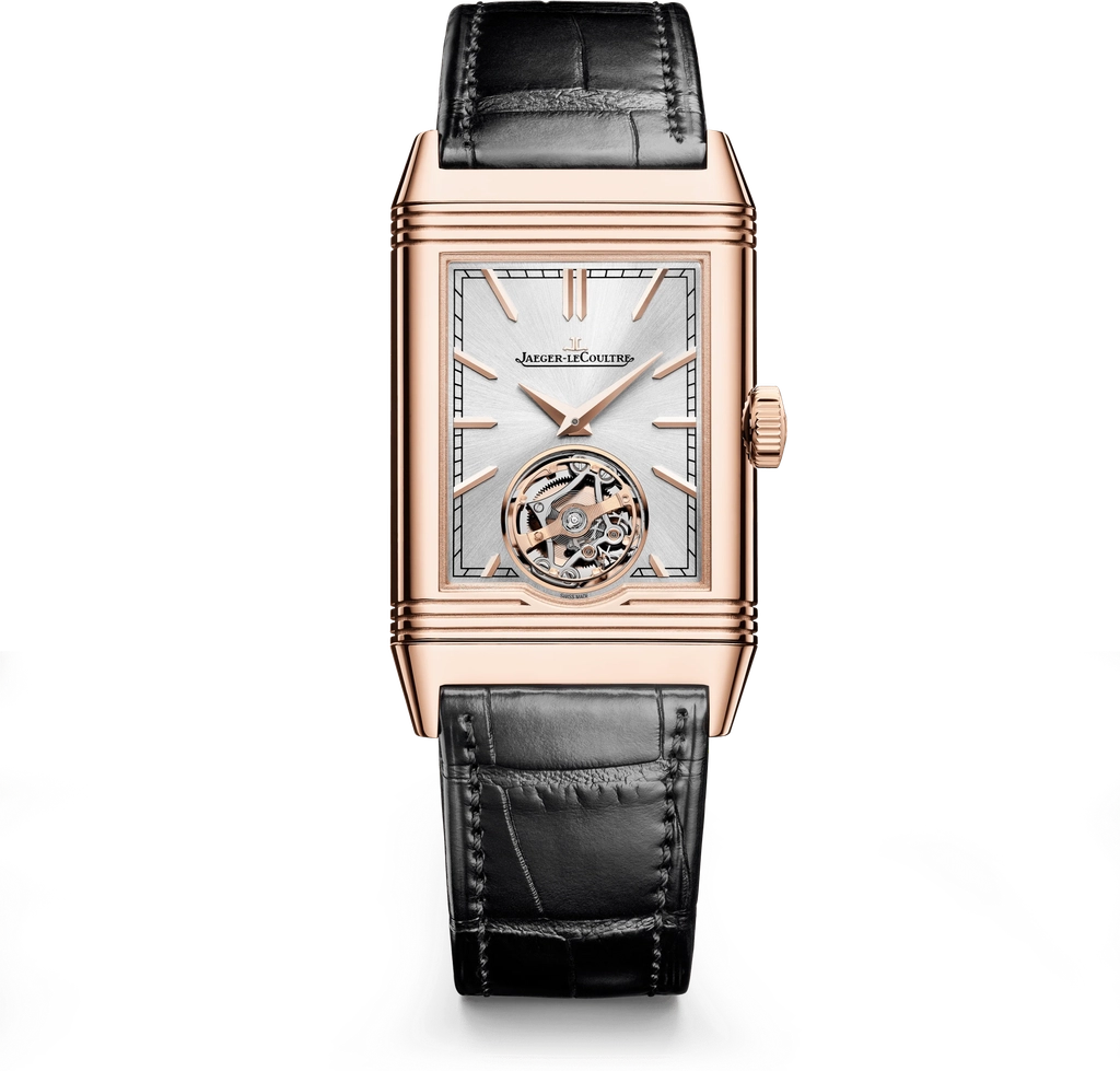 jaeger-lecoultre reverso tribute duoface tourbillon 45.5 x 27.4 mm silvered grey dial rose gold leather strap q39224