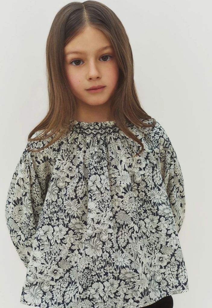 blouse blandine in liberty fabric smocked and hand-embroidered in organic cotton