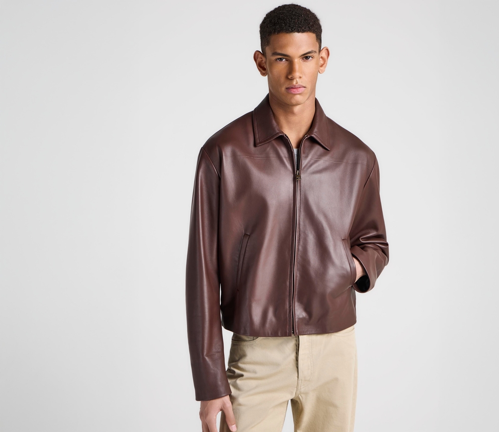 mens blouson leather jacket in chocolate brown