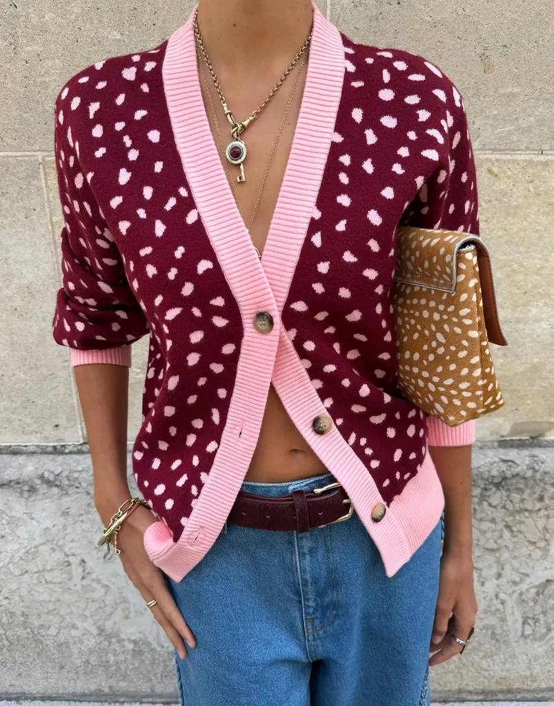 Never Fully Dressed Knit Contrast Trim Cardigan - Burgundy/Pink Deer Print
