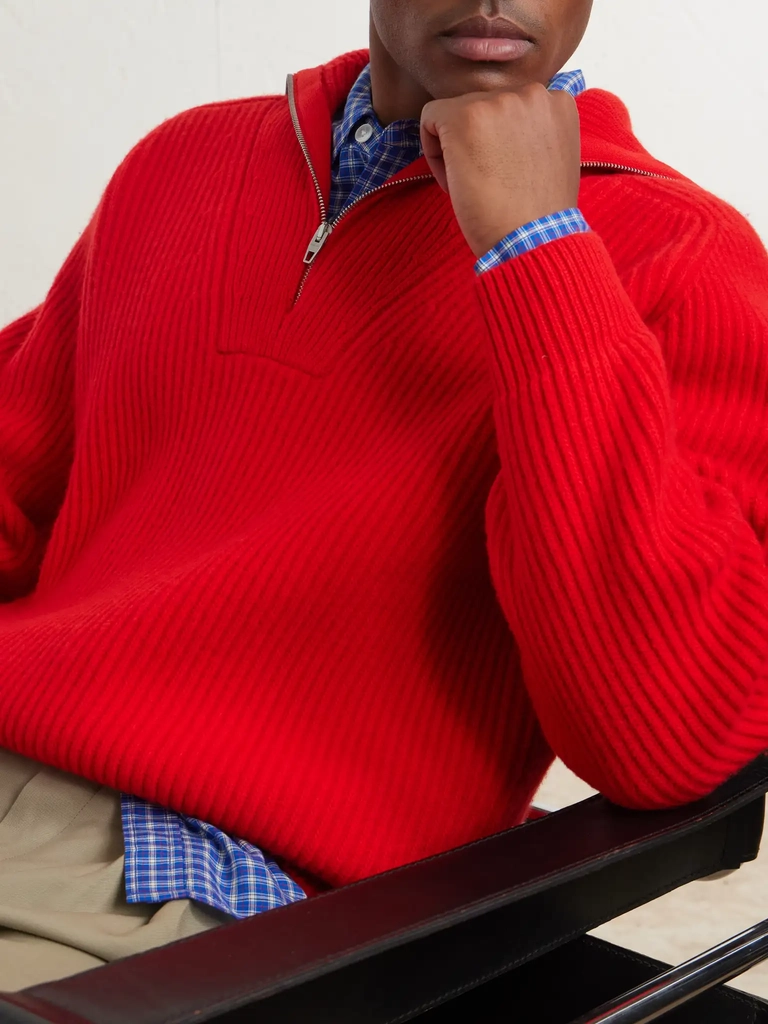 ribbed wool zip-up sweater