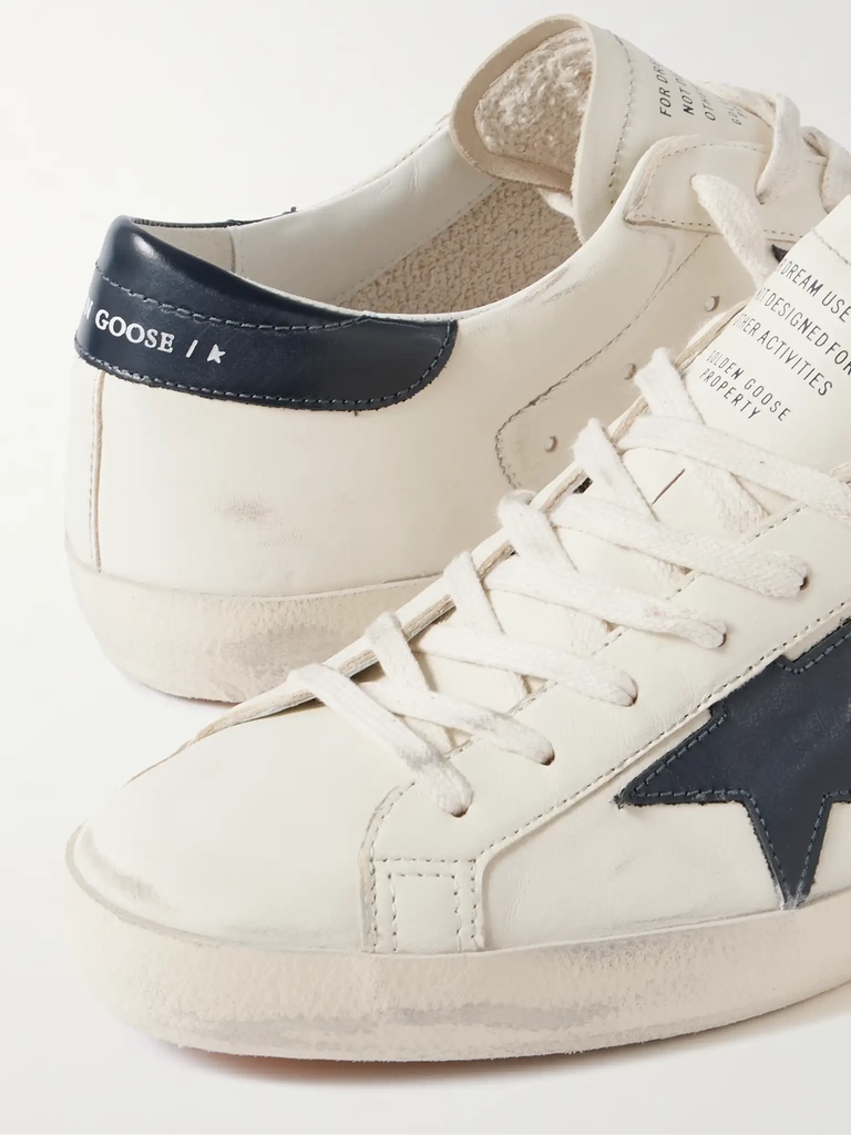 golden goose super-star distressed glossed-trimmed leather sneakers