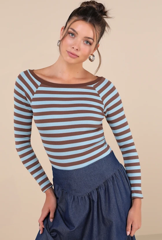 reliably cozy blue and brown striped long sleeve top