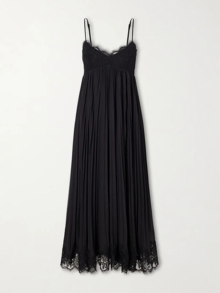 pleated lace-trimmed chiffon midi dress