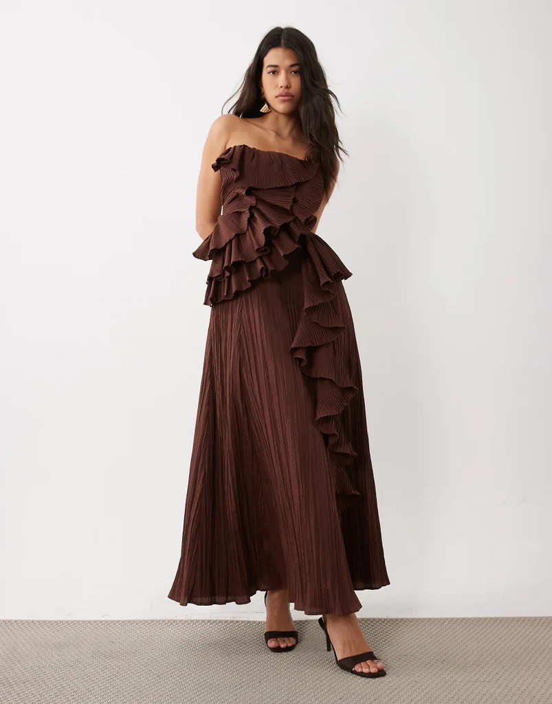 ASOS LUXE Bandeau Plisseret Maxikjole - Chokolade Brun