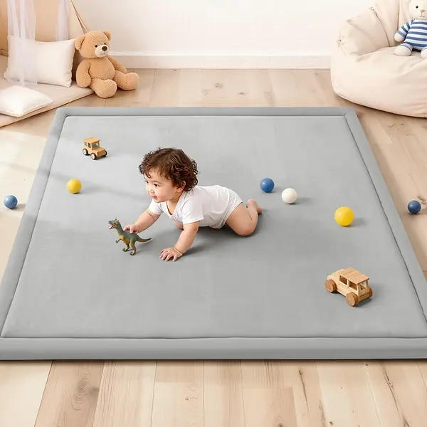 caveen baby-lege-måtte 127x127 cm, 3 cm tyk – blødt, skridsikkert kravletæppe/måtte i flannel til babyer og børn, lysegrå