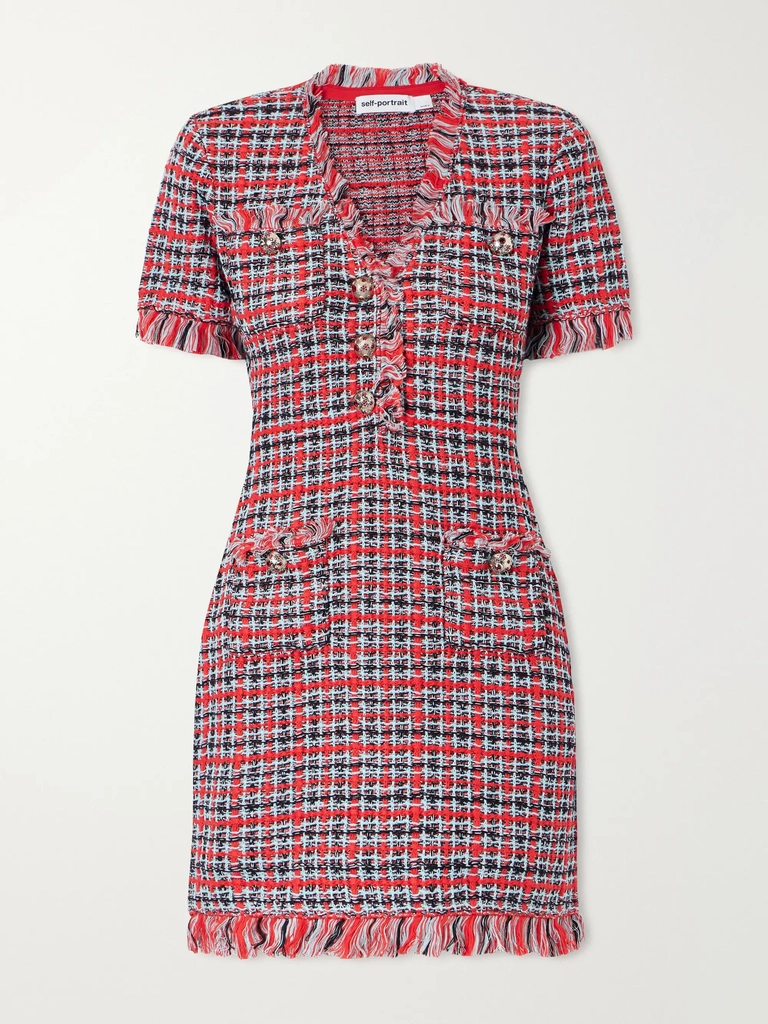 checked frayed cotton-blend mini dress