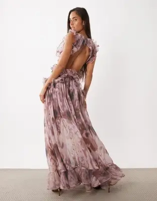 ASOS LUXE Maxikjole Med Dyb Udskæring Rynket Chiffon Detalje Åben Ryg - Multi