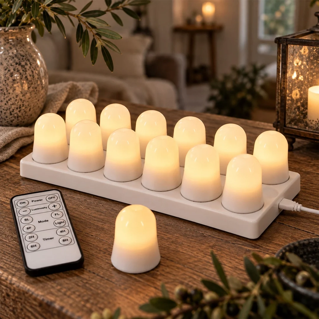 genopladelige led fyrfadslys med fjernbetjening – 12 stk. inkl. ladestation