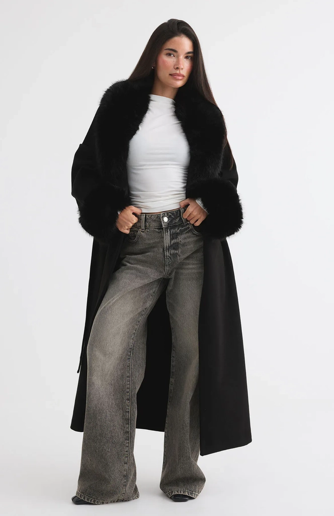 faux fur collar long coat