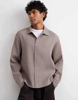 River Island Boxy fit long sleeve plisse shirt in stone